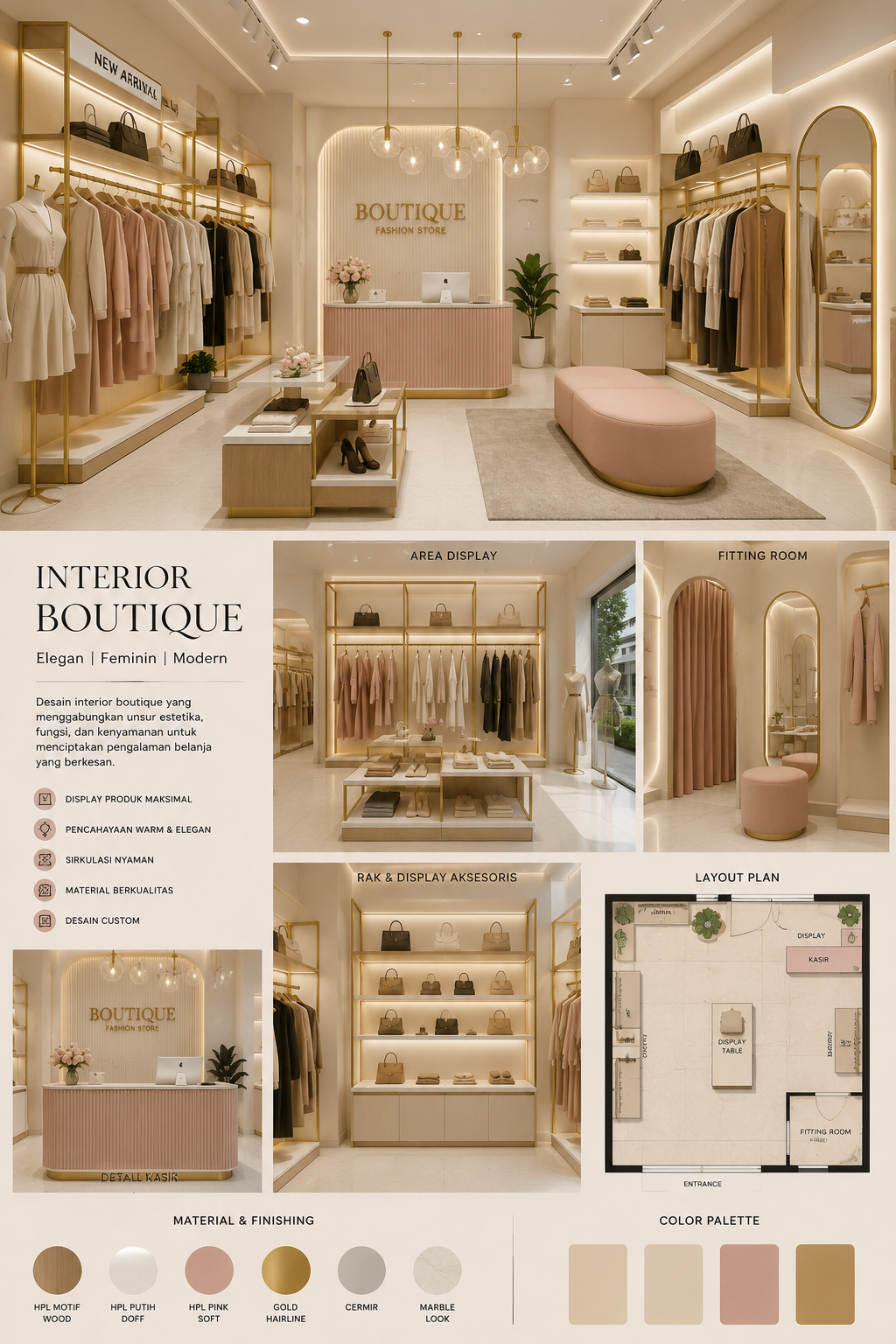 Desain interior boutique modern mewah di Makassar oleh Mupah Interior dengan konsep elegan, rak display custom, meja kasir, fitting room, dan finishing HPL premium.